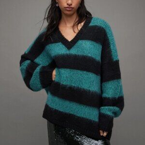 NEW AllSaints Lou Sparkle V neck knitted sweater with stripes